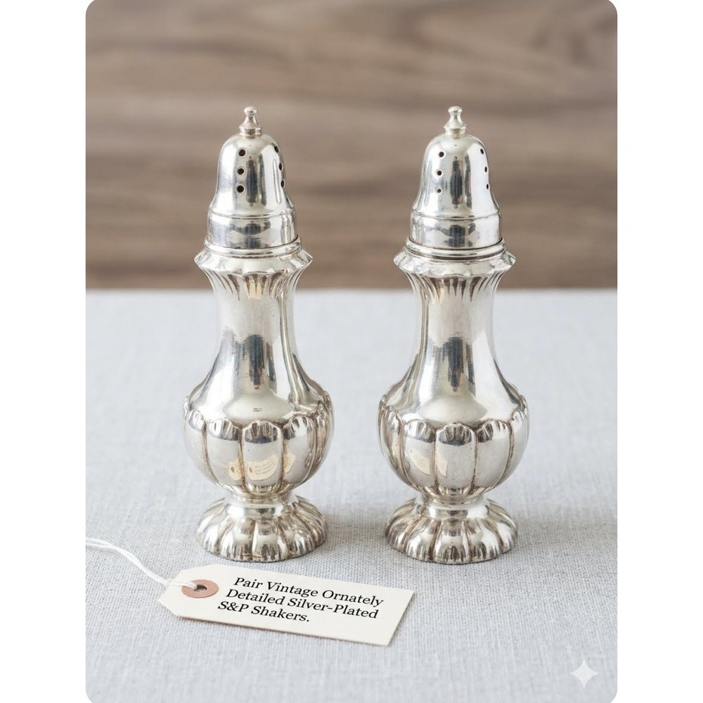 Vintage Ornate Silver Plated Salt and Pepper Shakers Pair Made in Japan Footed